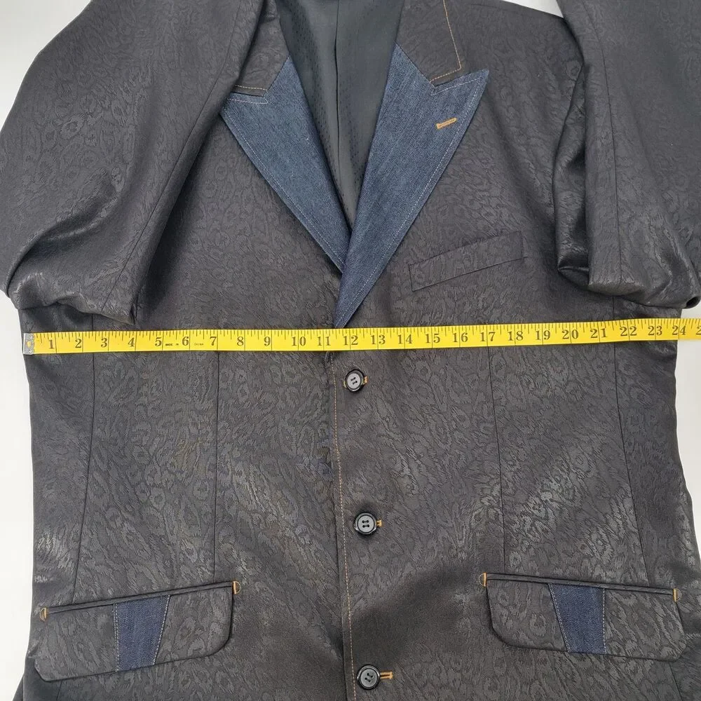 Pallini Mens 44R Black Leopard & Blue Denim Trim Western Style 2-Vent Blazer